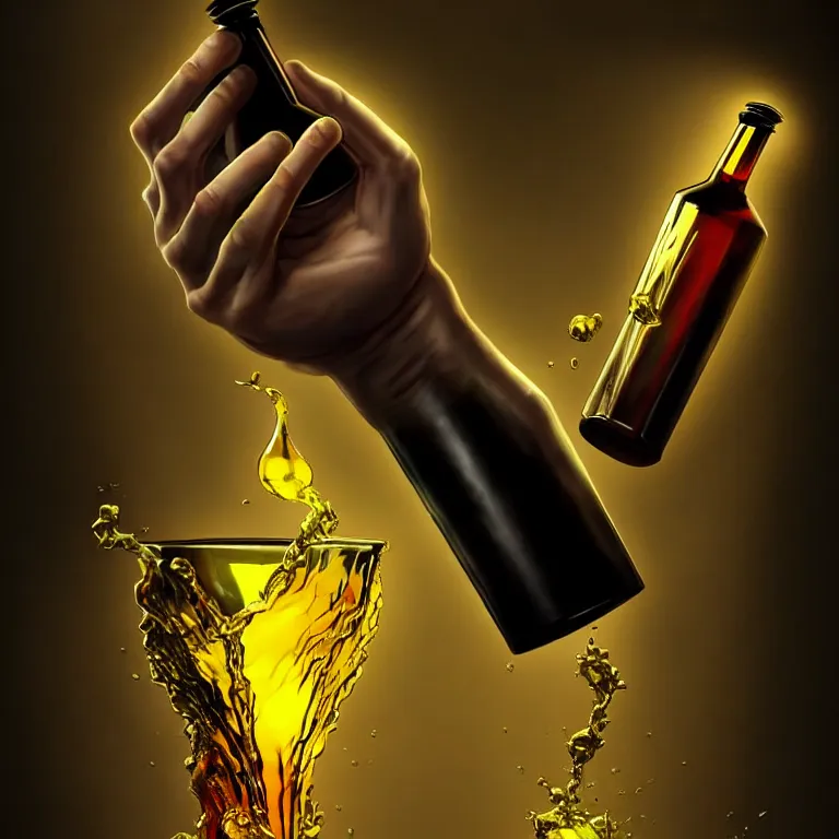 Prompt: epic professional digital art of holding a corked vial of viscous black liquid; mtg art by Volkan Baga, artstation