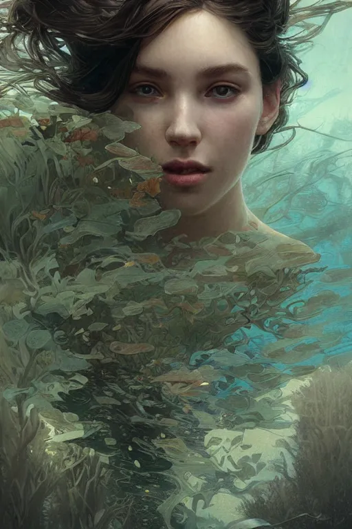 Prompt: hyper detailed murky underwater windy portrait of a garden mage. by greg rutkowski, highly detailed, digital painting, artstation, smooth, sharp focus illustration, artstation hq. intricate, elegant. art by wlop and artgerm and greg rutkowski, alphonse mucha, medium shot. dan mumford, tomokazu matsuyama, takato yamamoto