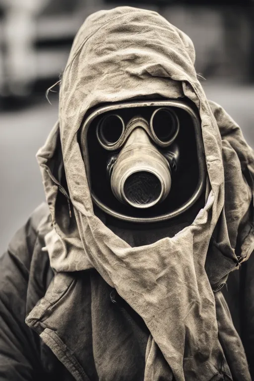 Image similar to an award winning portrait photo of a homeless person wearing a gas mask and hard helmet, 4 k, high quality, sharp focus