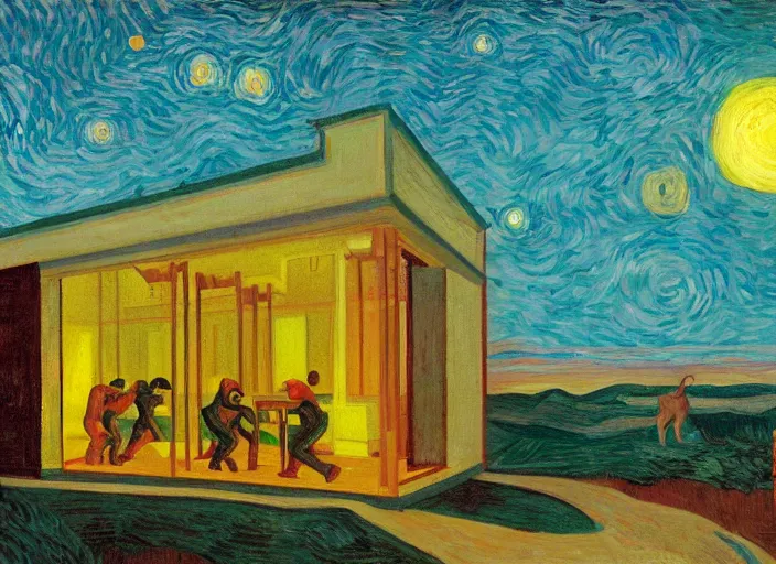 Image similar to painting of the extinction of the dinosaurs with asteroid and fire, in the style of edward hopper and vincent van gogh, dramatic lighting at dusk