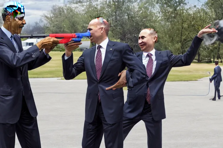 Prompt: barrack Obama and Vladimir Putin holding water guns to each other’s heads while smiling and crying, 8K New York Times Photography TMZ