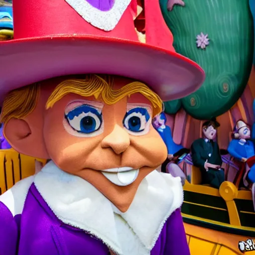 Image similar to a child puppet in the its a small world ride at disneyland that looks like donald trump, highly detailed, high definition, ultra realistic