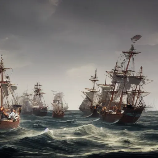 Image similar to 18th century fleet fighting in the open sea, octane render, 3D render, real footage, drone footage, highly detailed, daylight,