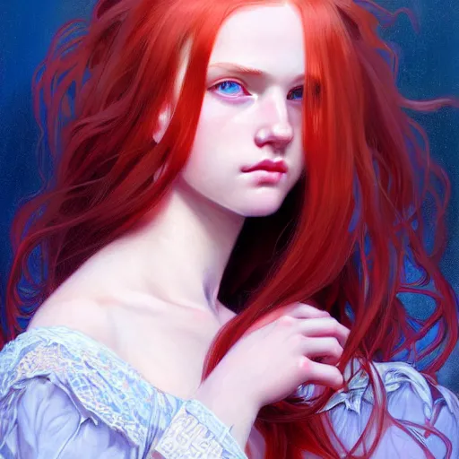 Image similar to portrait of teenage girl with long glossy red hair, blue eyes, glowing skin, fashion model features, fantasy, intricate, elegant, dress shirt and tie, highly detailed, digital painting, artstation, concept art, smooth, sharp focus, illustration, art by Krenz Cushart and Artem Demura and alphonse mucha