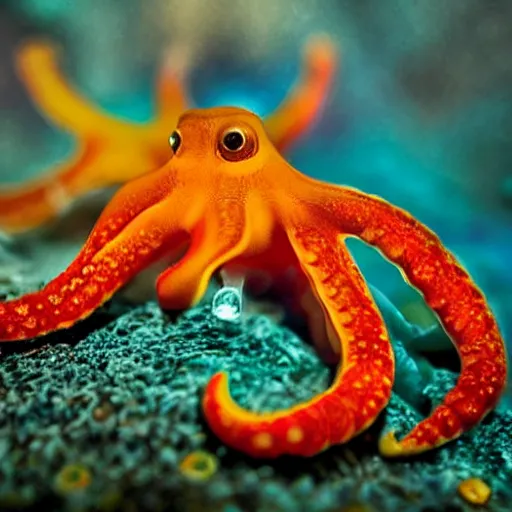 Image similar to fiery whimsical emotional eyes cephalopod, in a photorealistic macro photograph with shallow dof, in the deepest seas of the unconscious psyche