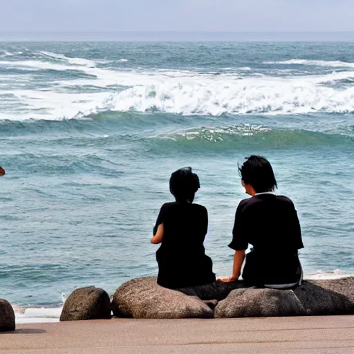 Prompt: ocean, waves, japanese style, japanese street and a couple of people sitting on a stone