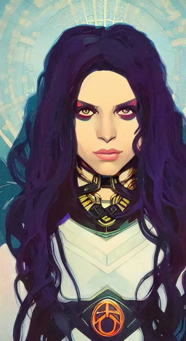 Prompt: Portrait of Raven from Teen Titans. Beautiful digital art by Greg Rutkowski and Alphonse Mucha