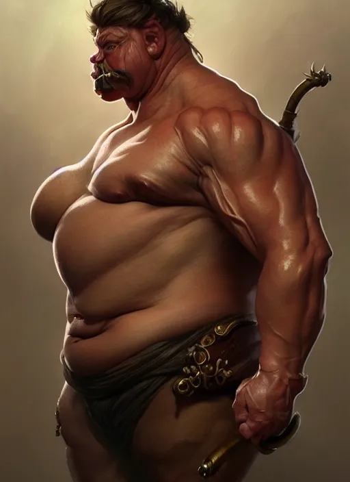 Image similar to portrait of aggressive pig humanoid, d & d, muscular! fat! fantasy, intricate, elegant, highly detailed, digital painting, artstation, concept art, smooth, sharp focus, illustration, art by artgerm and greg rutkowski and alphonse mucha