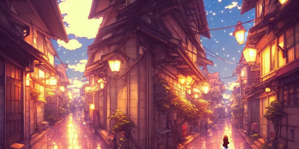 Image similar to the girl and the alley. anime, cozy village, at night after rain, clear night sky, lanterns. by hayao miyazaki and rossdraws and artgerm and greg rutkowski and alphonse mucha. anime production by studio ghibli. high quality, stunning, intricate detailed environment. 8 k