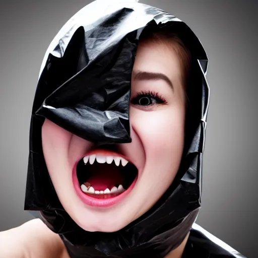 Image similar to a cute walking garbage bag with eyes and pointed teeth