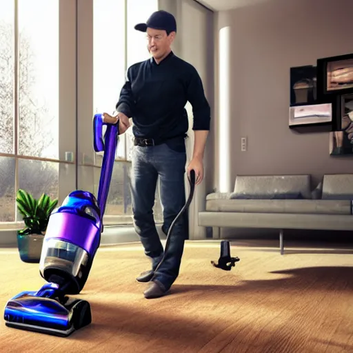 Image similar to a man rides a vacuum cleaner as if it were a horse, 8k, hyper-realistic