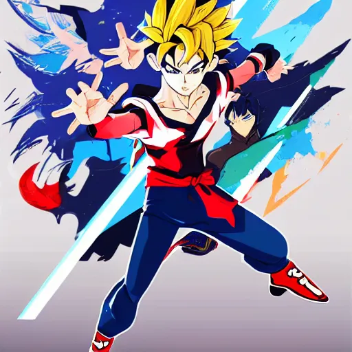 Prompt: a vector art of young goku as a persona 5 character game. An spinoff by Stanley artgem LAU , trending on artstation, artbook, stylish, persona 5 art style WLOP, Rossdraws, Gesture draw, James Jean, Andrei Riabovitchev, Marc Simonetti, and Sakimichan,