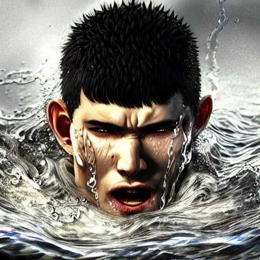 Image similar to photorealistic shockingly amazing portrait of guts from berserk submerged in water extremely detailed, made by wlop and maxwell boas