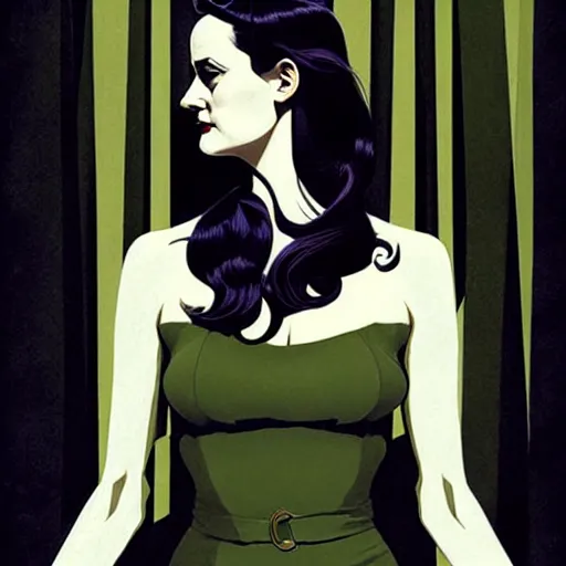 Image similar to comic art by joshua middleton, actress, eva green as laura palmer in the tv show, twin peaks, striped curtains, dark shadows, ominous tones