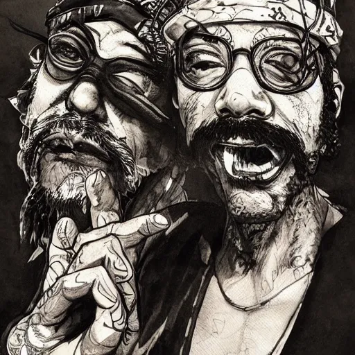 Image similar to portrait of cheech and chong, concept art, sumi - e style, intricate linework, artstation, trending, highly detailed, smooth, focus, art by yoji shinkawa,