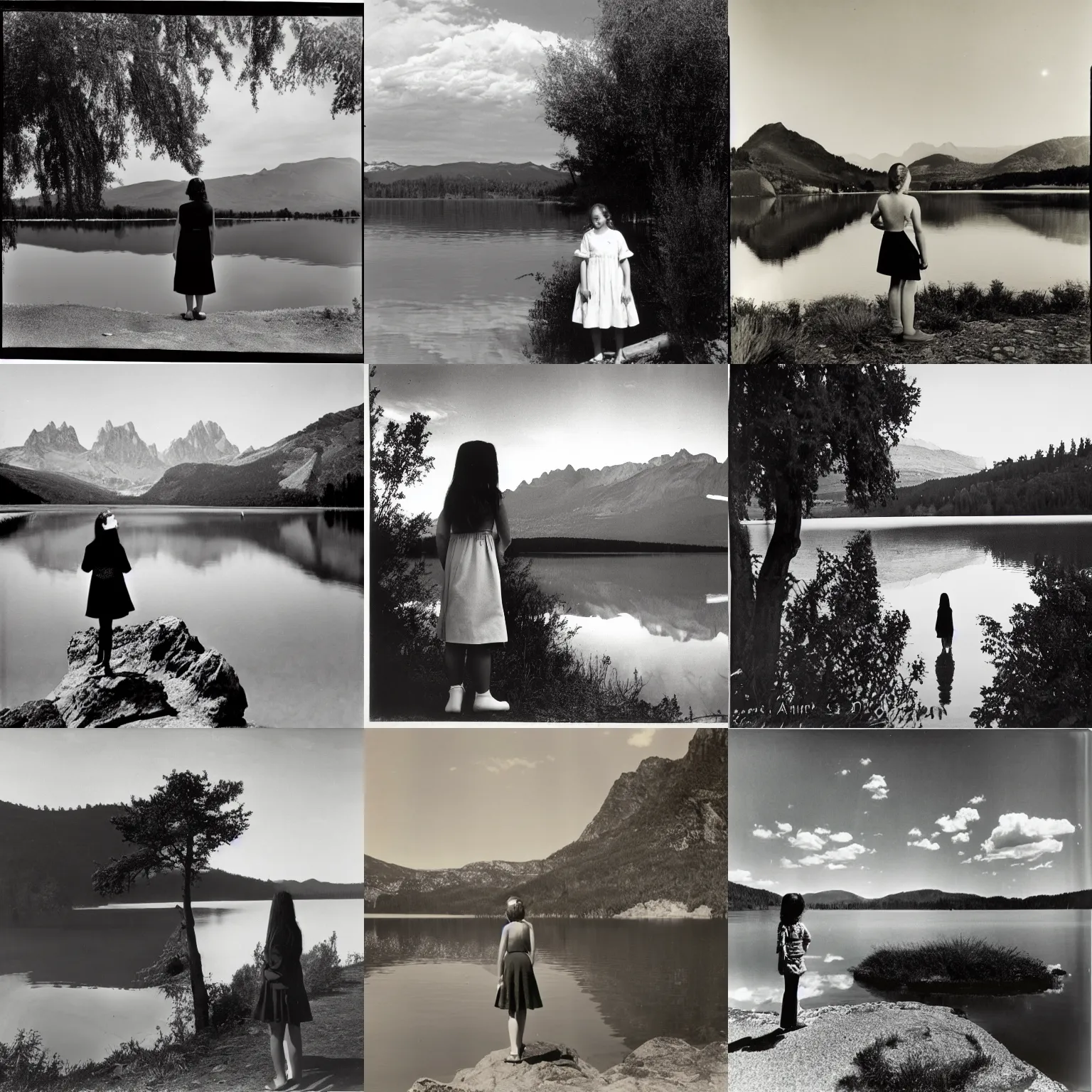 Prompt: a girl standing by a lake, photo by ansel adams