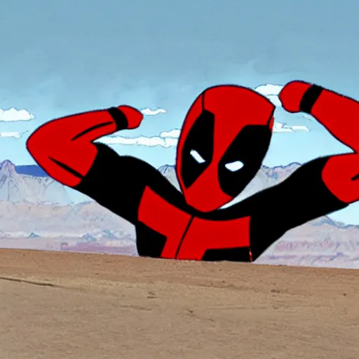 Image similar to deadpool sticking his head out of empty drained lake mead, with the words lake mead written across the top, in comic book style