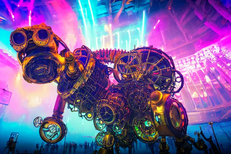 Prompt: scene is burning man festival, portrait photo of a stagediving giant huge golden and blue metal futuristic steampunk robot, with gears and tubes, eyes are glowing red lightbulbs, audience selfie, shiny crisp finish, 3 d render, 8 k, insaneley detailed, fluorescent colors, haluzinogetic, background is multicolored lasershow