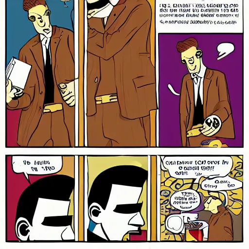 Image similar to brown suitcase containing domino mask being opened by a ginger caucasian male in a brown suit, jorge fornes artstyle, colorful, somber