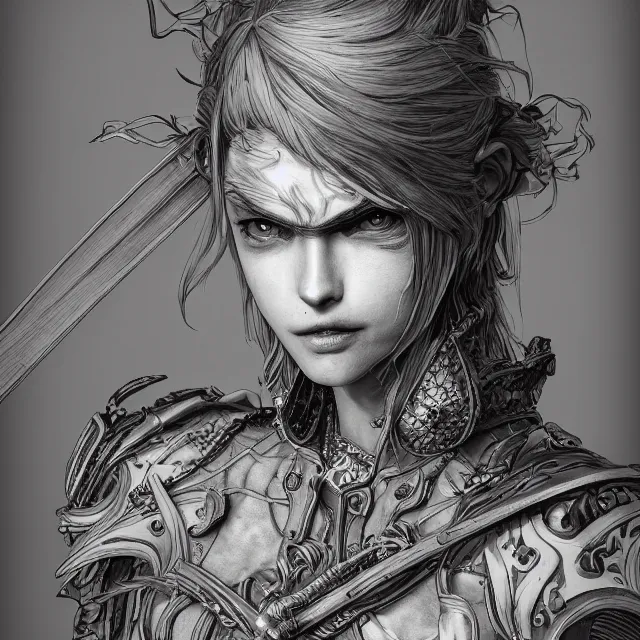 Image similar to the portrait of neutral evil fallen knight vagabond as absurdly beautiful, conniving, elegant, jaded, young woman, an ultrafine hyperdetailed illustration by kim jung gi, irakli nadar, intricate linework, bright colors, octopath traveler, final fantasy, unreal engine 5 highly rendered, global illumination, radiant light, detailed and intricate environment