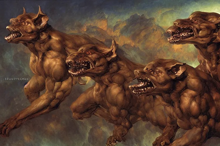 Image similar to hyperdetailed matte art of cerberus by william blake, ilya repin, amano, rene magritte, craig mullins