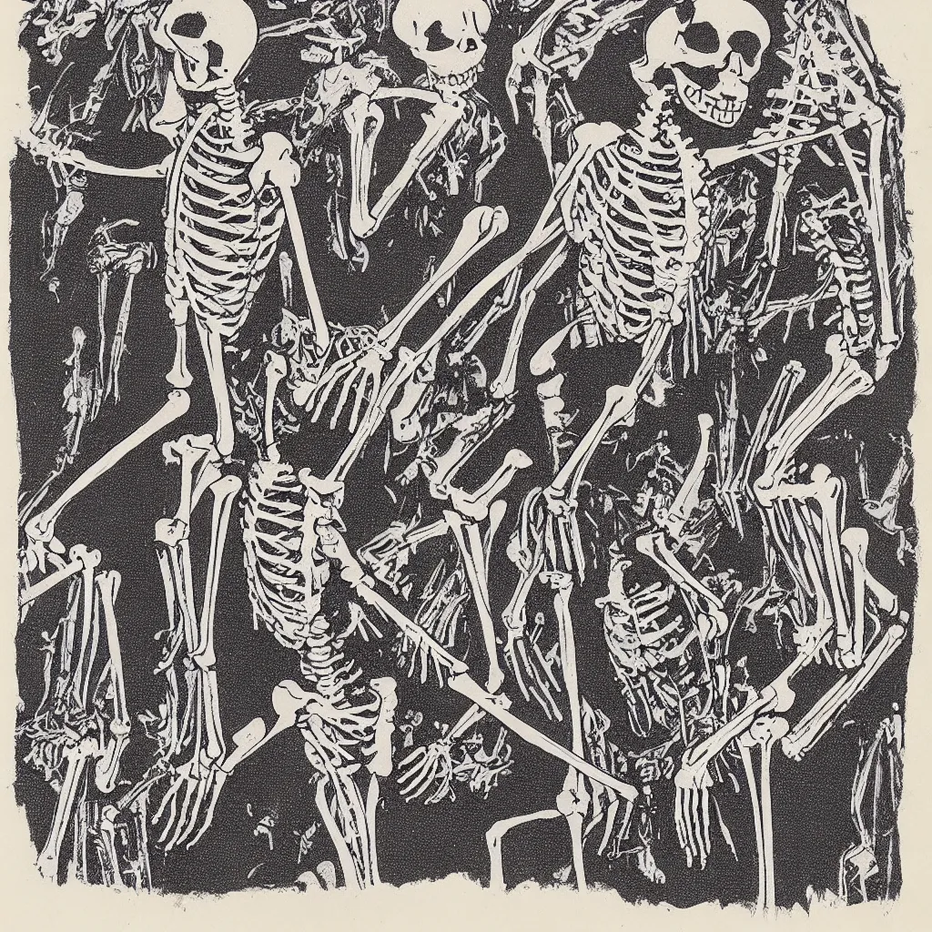 Image similar to vintage risograph of cartoon skeleton