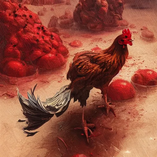 Prompt: chickens growing out of red mushroom, highly detailed, illustration, sci - fi art, cyberpunk, in the style of greg rutkowski, epic, realistic, intricate, hyper detailed, artstation, concept art, smooth, sharp focus, ray tracing