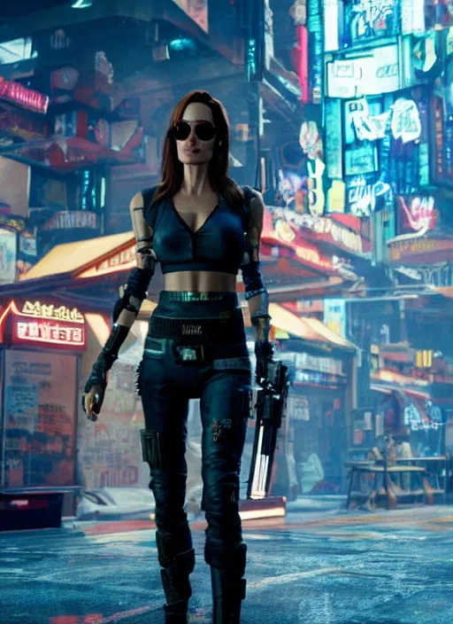 Image similar to film still of Angelina Jolie as Johnny Silverhand in Cyberpunk 2077, gameplay, 8k, HD