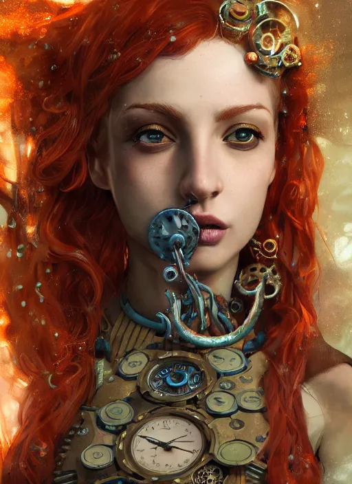 Prompt: underwater steampunk portrait of arianna grande, red hair, octopus, hyper detailed, digital art, cinematic lighting, studio quality, smooth render, unreal engine 5, octane rendered, art style by klimt and nixeu and ian sprigger and wlop and krenz cushart.