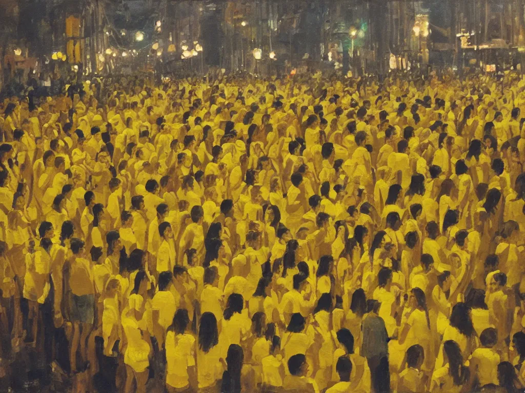 Image similar to first person view in a big parade at night, everyone have yellow clothes, one girl staring at you smiling, photorealistic oil painting, POV