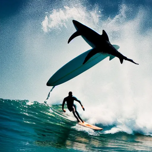 Image similar to a surfer eating a shark