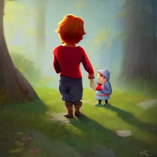 Prompt: little boy character inspired in little hood red and link from legend of zelda, digital artwork made by lois van barlee and rhads
