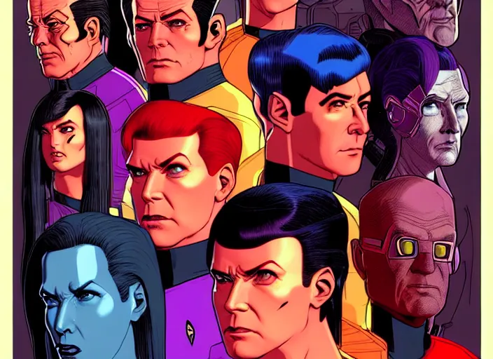Prompt: cyberpunk star trek tos crew. portrait by stonehouse and mœbius and will eisner and gil elvgren and pixar. character design. realistic proportions. star trek 1 9 7 7 character art, blade runner 2 0 4 9 concept art. cell shading. attractive face. thick lines. the team. diverse characters. artstation.