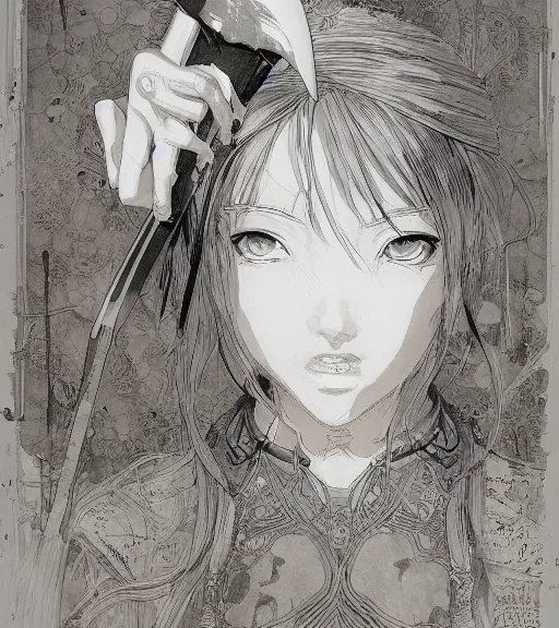 Image similar to portrait of anime girl holding a cleaver, pen and ink, intricate line drawings, by craig mullins, ruan jia, kentaro miura, greg rutkowski, loundraw