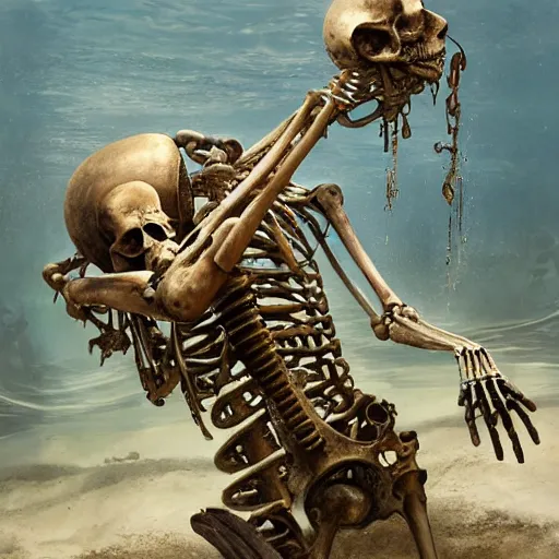 Image similar to a photograph of a skeleton made out of mechanical and biological components submerged and rusted in the water, cinematic, volumetric lighting, f 8 aperture, cinematic eastman 5 3 8 4 film, photorealistic by greg rutkowski, by stanley artgerm, by alphonse mucha