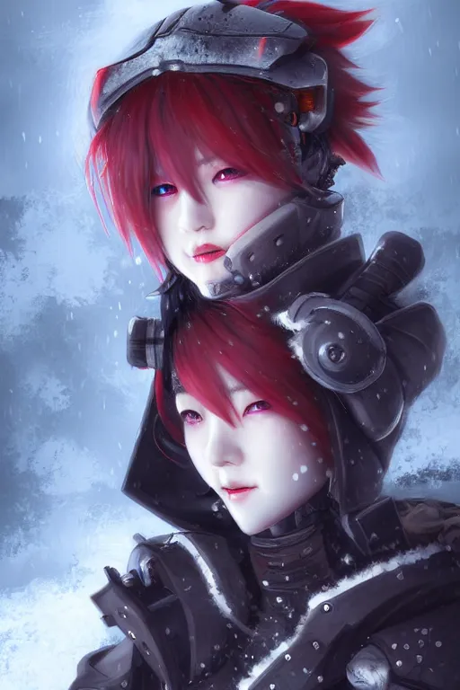 Prompt: portrait of video game kunoichi momiji, metalic frost cyber ninja respirator, stormy snowy fiji mountain, armored, highly detailed, digital painting, face detail, sharp focus, art, illustrations by wlop and mariko hirokane and rossdraws