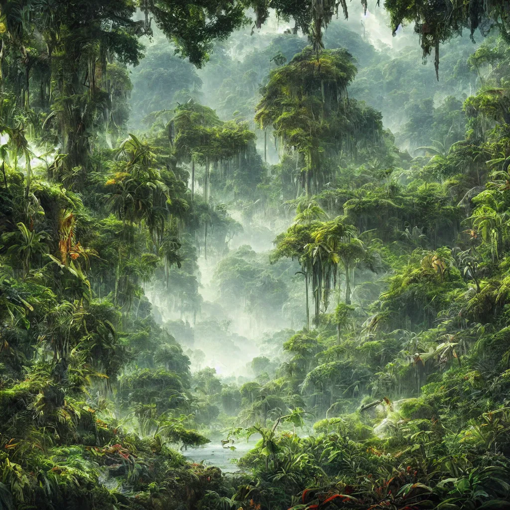 Image similar to painting of a jungle scene on an alien planet by vincent bons. ultra sharp high quality digital render. detailed. beautiful landscape. weird vegetation. water.