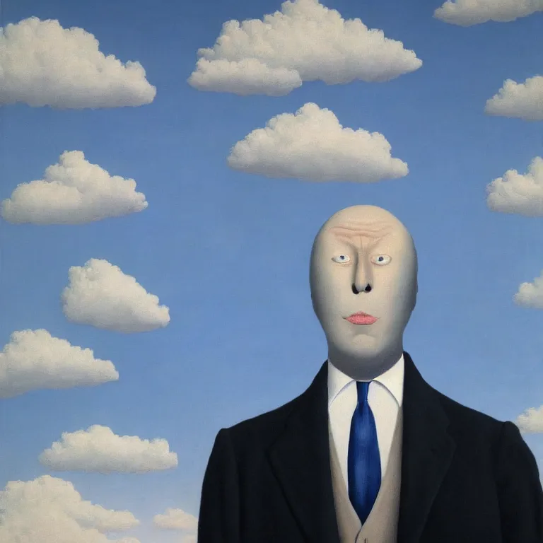 Image similar to portrait of a faceless shadow - head man in a suit, clouds in the background, by rene magritte, detailed painting, distance, centered, hd, hq, high resolution, high detail, 4 k, 8 k