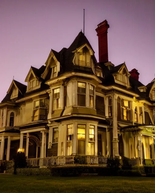 Image similar to a wide angle low photo of a ghostly victorian mansion at night