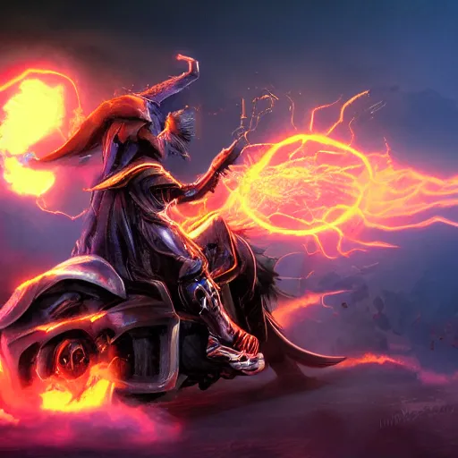 Image similar to epic wizard riding a motorcycle into the gates of hell, lightning shooting out of hands, video game concept art,