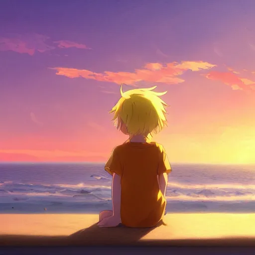 Image similar to beautiful, detailed digital painting of a blond-haired child sitting on the beach looking at the sunset, anime by Makoto Shinkai, sand, waves, trending on artstation