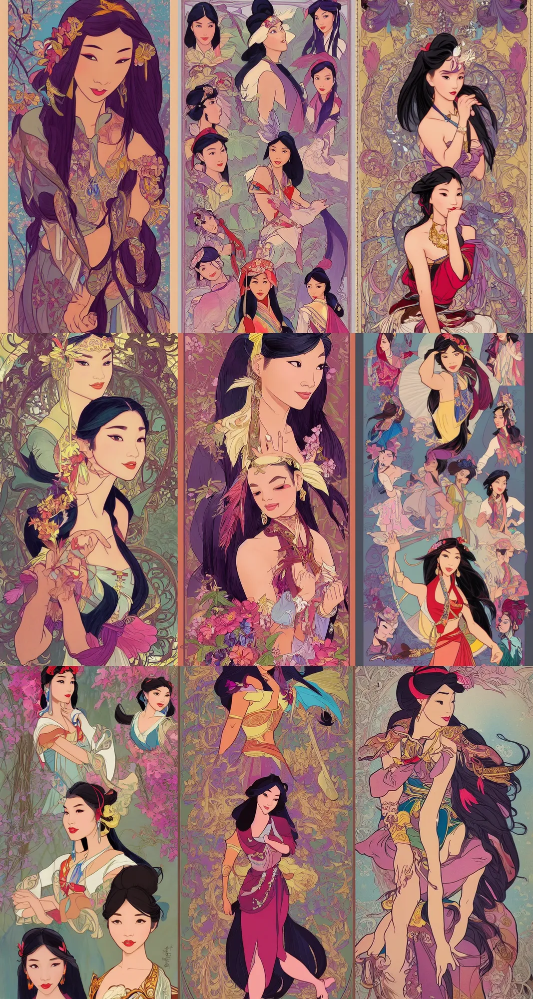 Prompt: Character concept fashion spot illustrations of Disney's Pocahontas and Mulan crossover, colorful, full-body, bloom, dynamic poses, diaphanous cloth, intricate crystalline and feather jewelry, ornate, filigree, arcane, cinematic lighting, by Artgerm, by Alphonse Mucha, by Bouguereau, by Sakimichan, fantasy, portfolio illustration, highly detailed, trending on Artstation, CGsociety, HQ, 8k, 35mm lens, f2.8, Bokeh,