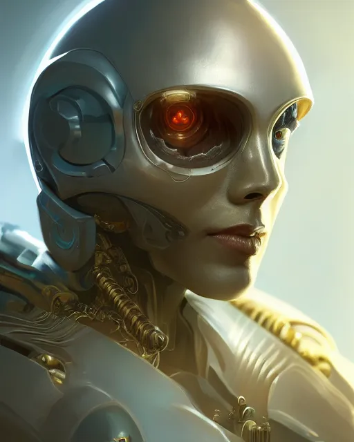 Image similar to detailed portrait of a cyborg, necromancer, benevolant, scifi, futuristic, elegant cape, intelligent, alien room background, white, blue, gold, trending on artstation, soft light, holy machine, advanced technology, art by vitaly bulgarov and nivanh chanthara