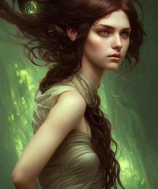 Prompt: Fae teenage girl, portrait, green eyes, face, long hair, fantasy, intricate, elegant, highly detailed, digital painting, artstation, concept art, smooth, sharp focus, illustration, art by artgerm and greg rutkowski and alphonse mucha