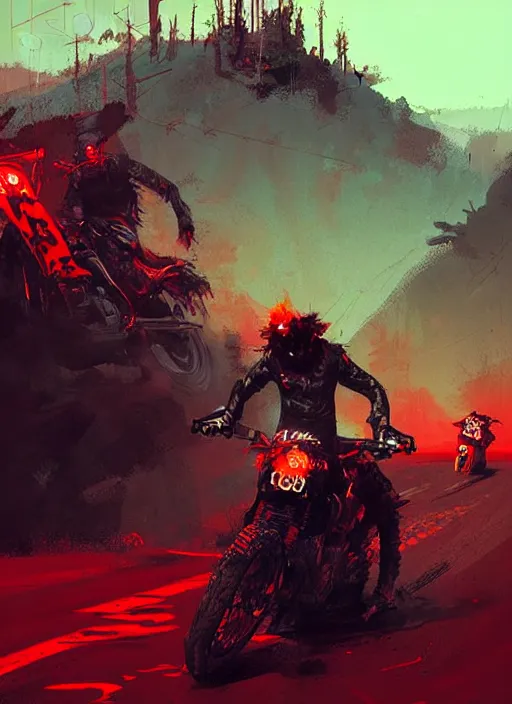 Prompt: horror art, motorbikers race in hell, red peaks in the background, art by ismail inceoglu