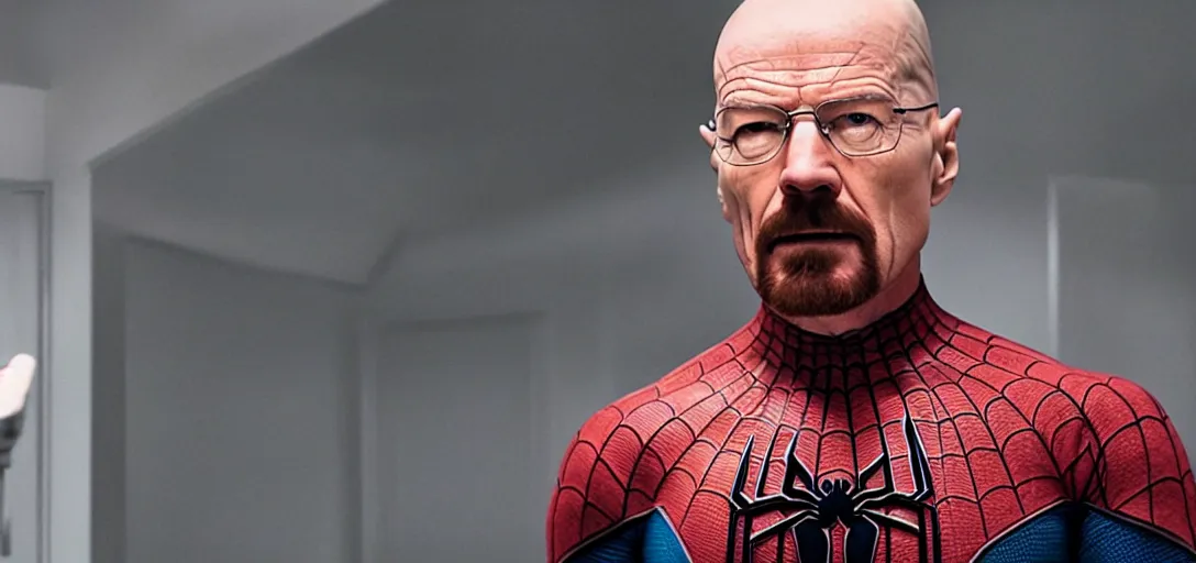 Image similar to Walter White as Spider-Man, film still, wide-shot, full shot, cinematic lens, heroic portrait