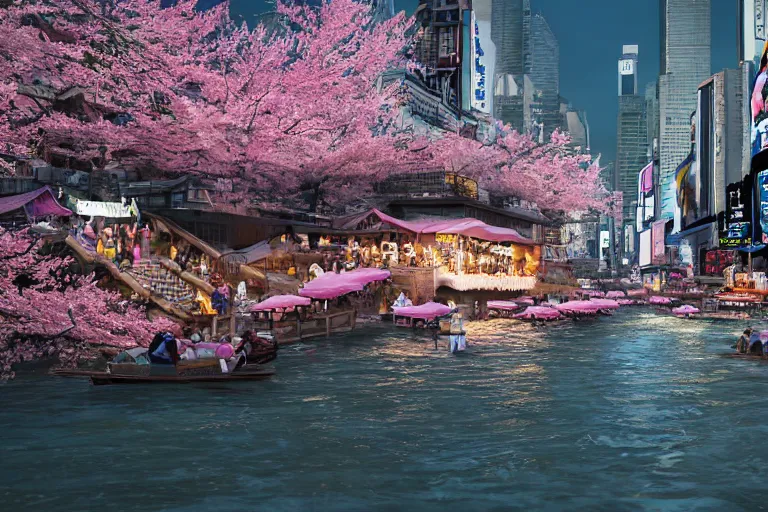 Image similar to floating markets of times square river in kyoto kamo river during sakura season on thermal waters flowing down white travertine terraces during interstellar aurora borealis, gold waterfalls, vendors, festivals, fun, by peter mohrbacher, james jean, james gilleard, greg rutkowski, vincent di fate, rule of thirds, octane render, beautiful landscape