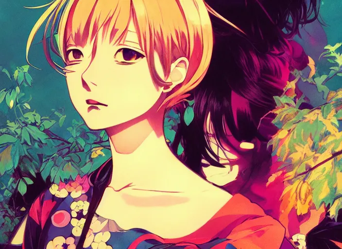 Image similar to yoh yoshinari editorial illustration colorful anime portrait of shiina ringo, murata range, manga, ilya kuvshinov, fine texture, detailed, matte colors, perfect anime face, cinematic dramatic lighting, film grain, dynamic composition, moody, vivid, volumetric, alphonse mucha, stippled lighting