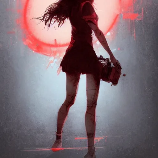 Image similar to full body portrait of a korean schoolgirl with long hair and bangs, her arms are mutating into thin red tedrils, dramatic lighting, illustration by Greg rutkowski, yoji shinkawa, 4k, digital art, sci-fi horror concept art, trending on artstation