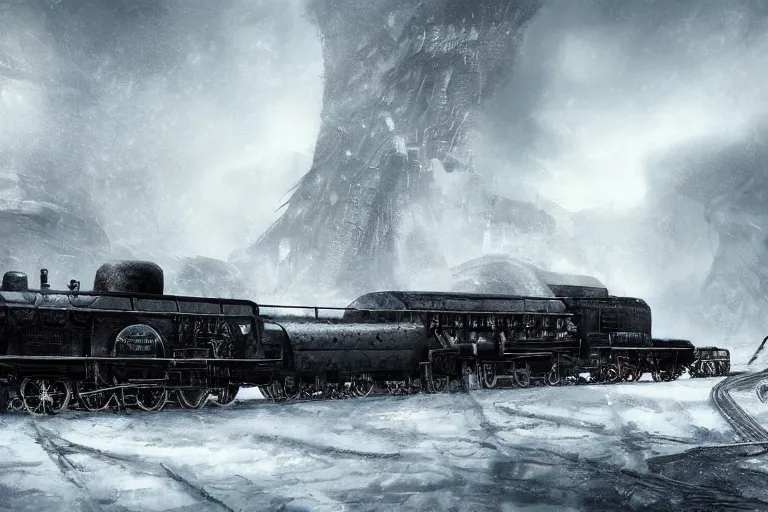 Image similar to a grand intricate futuristic black steam train next to a giant mammoth, post - apocalyptic ice landscape in snowstorm, concept art, artstation, highly detailed, digital art